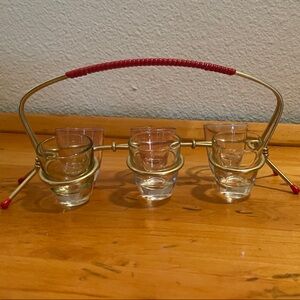 Mid Century Gold-Tone Shot Glass Holder set with red wrap around handle